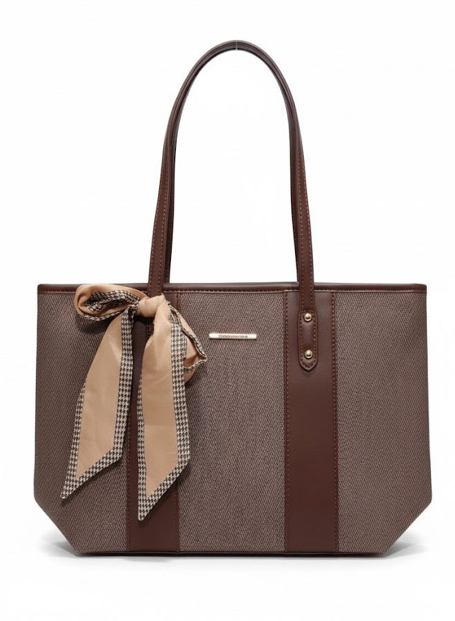 FUMES Coffee Brown Women’s Elegant Panel Tote Handbag with Scarf Detail – Structured Premium Shoulder Bag - Image 2
